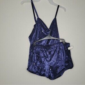 Danskin blue gold stars crushed velvet pajama set shorts tank size medium NWT